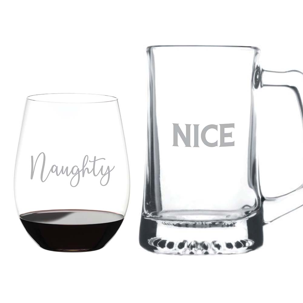 Naughty & Nice Custom Riedel Wine and Beer Mug Set