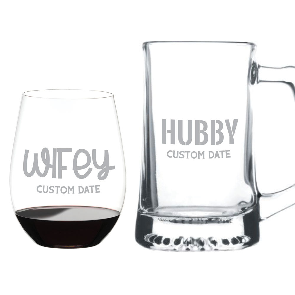 Hubby & Wifey Custom Beer Sports Mug and Riedel Wine Glass Set